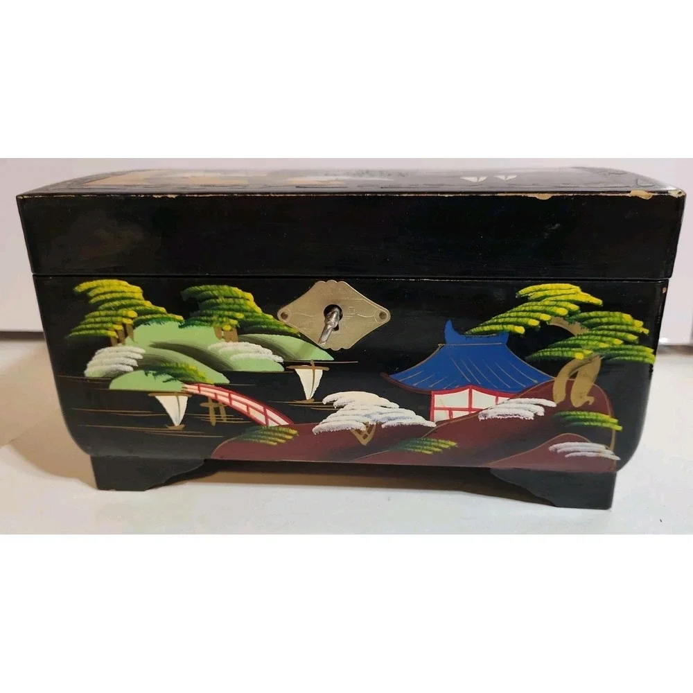 Vintage Crestline Japan Music Jewelry Box Black Lacquered Painted Mirror Locking